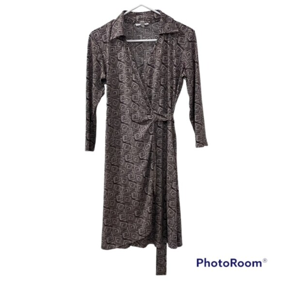 London Times Petites Brown Geometric Print 3/4 Sleeves Mock Wrap Dress Size 8P - Picture 1 of 11